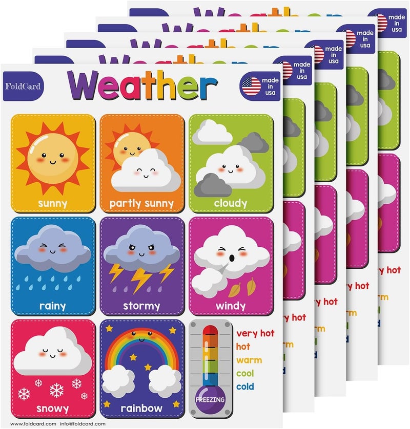 FoldCard Weather Chart for Preschool to Grade 1 Kids – Bright and Colorful Educational Visual/Learning Aid Poster Decoration for Classroom or Home | Glossy Durable Cardstock | 8.5" x 11" | 5 per Pack - Image 1